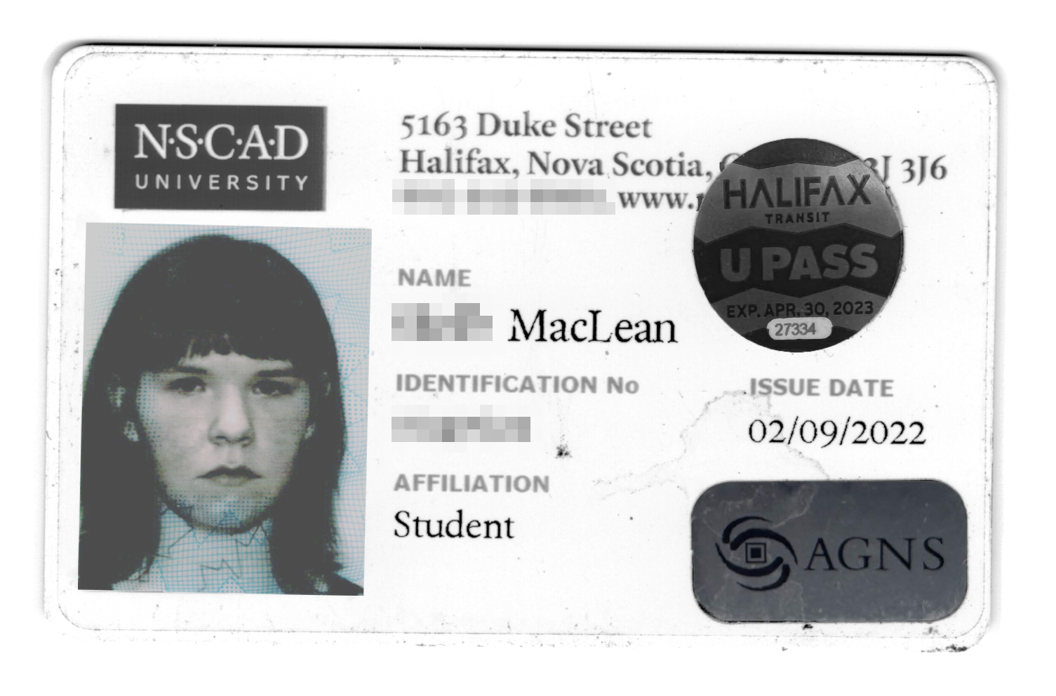 NSCAD student identification card